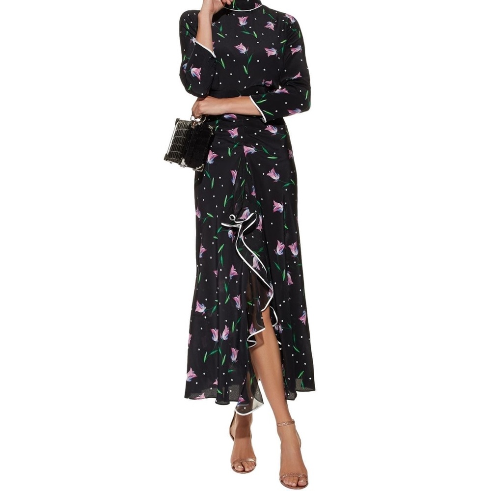 RIXO London Gabrielle Dress, Ruffled Floral Print Silk Maxi Dress Size XL